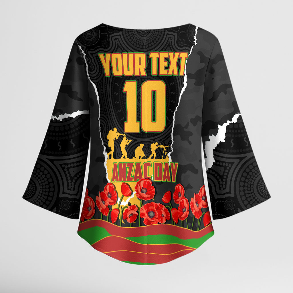 Personalized Penrith Panthers ANZAC Tribute Kimono Sleeve Blouse Poppy Field Soldier Silhouette Aboriginal Rugby Mascot