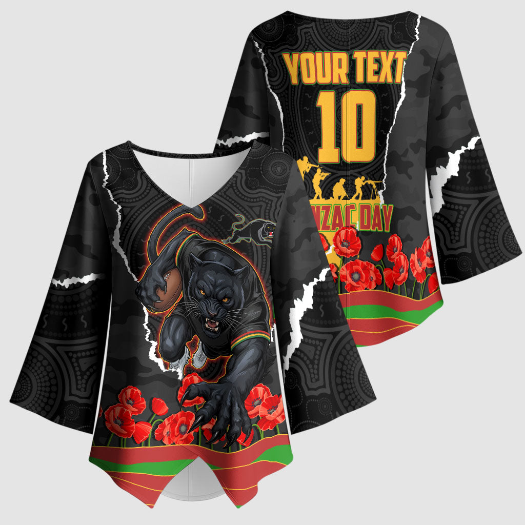 Personalized Penrith Panthers ANZAC Tribute Kimono Sleeve Blouse Poppy Field Soldier Silhouette Aboriginal Rugby Mascot