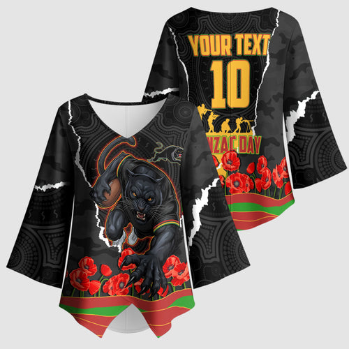 Personalized Penrith Panthers ANZAC Tribute Kimono Sleeve Blouse Poppy Field Soldier Silhouette Aboriginal Rugby Mascot