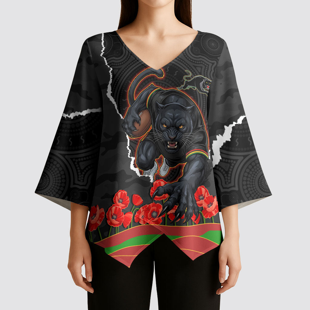 Personalized Penrith Panthers ANZAC Tribute Kimono Sleeve Blouse Poppy Field Soldier Silhouette Aboriginal Rugby Mascot