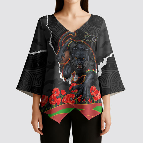Personalized Penrith Panthers ANZAC Tribute Kimono Sleeve Blouse Poppy Field Soldier Silhouette Aboriginal Rugby Mascot