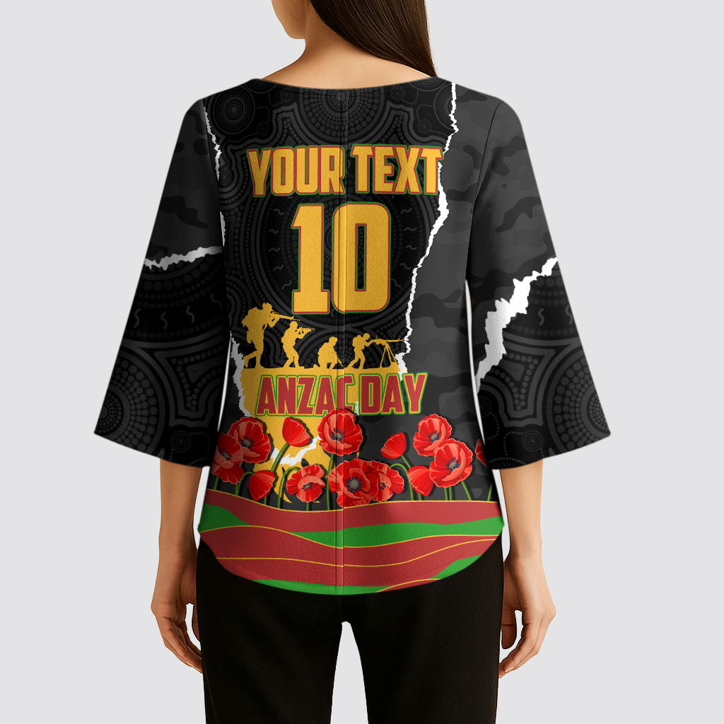 Personalized Penrith Panthers ANZAC Tribute Kimono Sleeve Blouse Poppy Field Soldier Silhouette Aboriginal Rugby Mascot