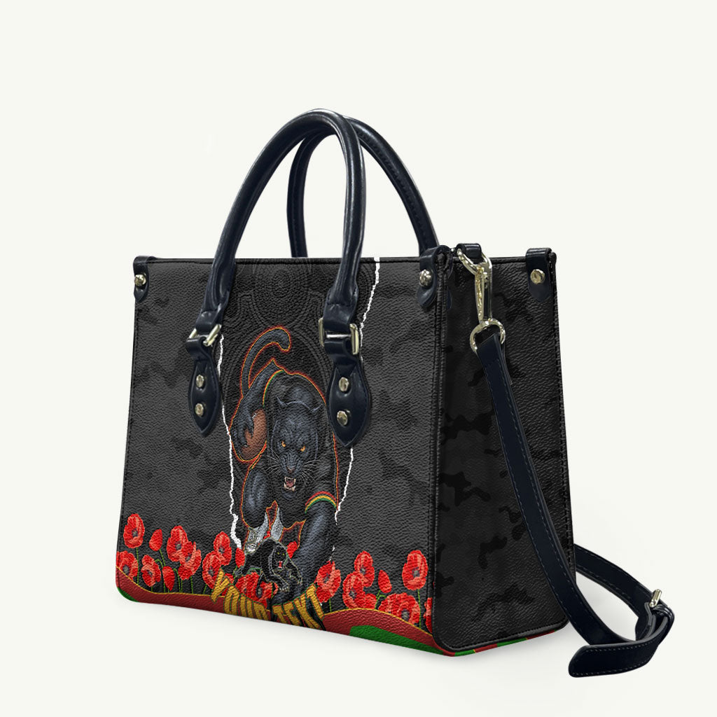 Personalized Penrith Panthers ANZAC Tribute Leather Bag Poppy Field Soldier Silhouette Aboriginal Rugby Mascot