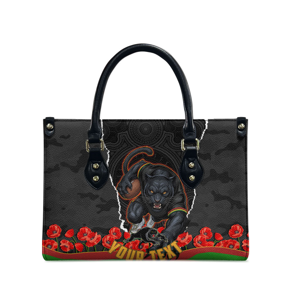 Personalized Penrith Panthers ANZAC Tribute Leather Bag Poppy Field Soldier Silhouette Aboriginal Rugby Mascot