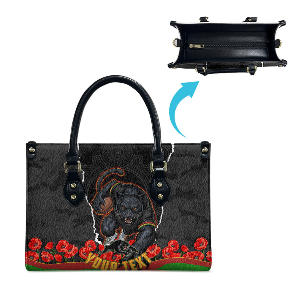 Personalized Penrith Panthers ANZAC Tribute Leather Bag Poppy Field Soldier Silhouette Aboriginal Rugby Mascot