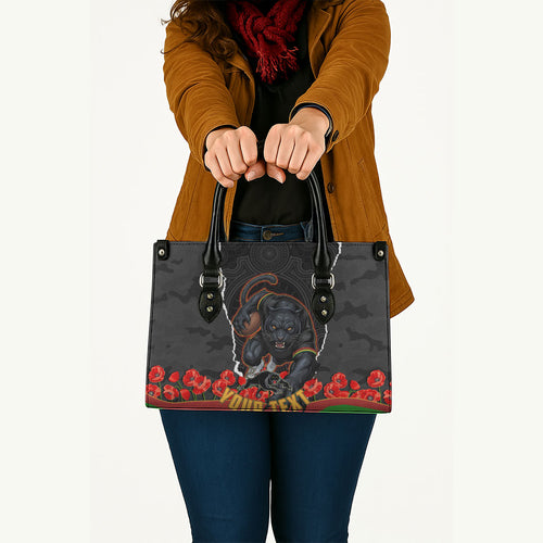 Personalized Penrith Panthers ANZAC Tribute Leather Bag Poppy Field Soldier Silhouette Aboriginal Rugby Mascot