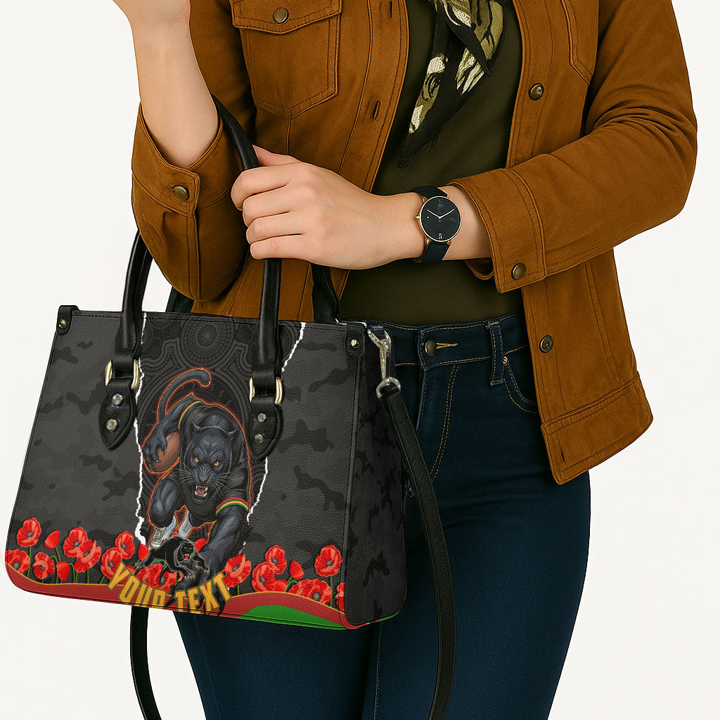Personalized Penrith Panthers ANZAC Tribute Leather Bag Poppy Field Soldier Silhouette Aboriginal Rugby Mascot