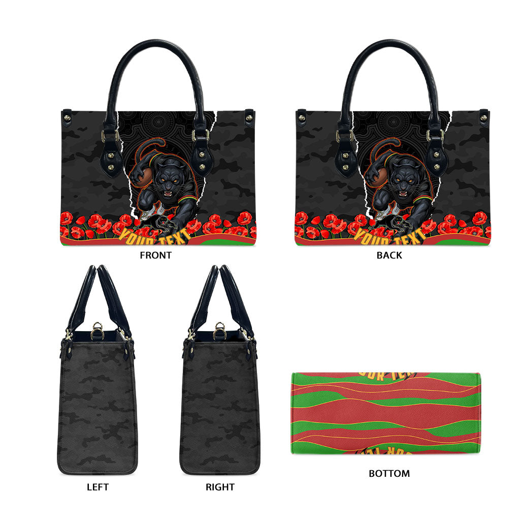 Personalized Penrith Panthers ANZAC Tribute Leather Bag Poppy Field Soldier Silhouette Aboriginal Rugby Mascot