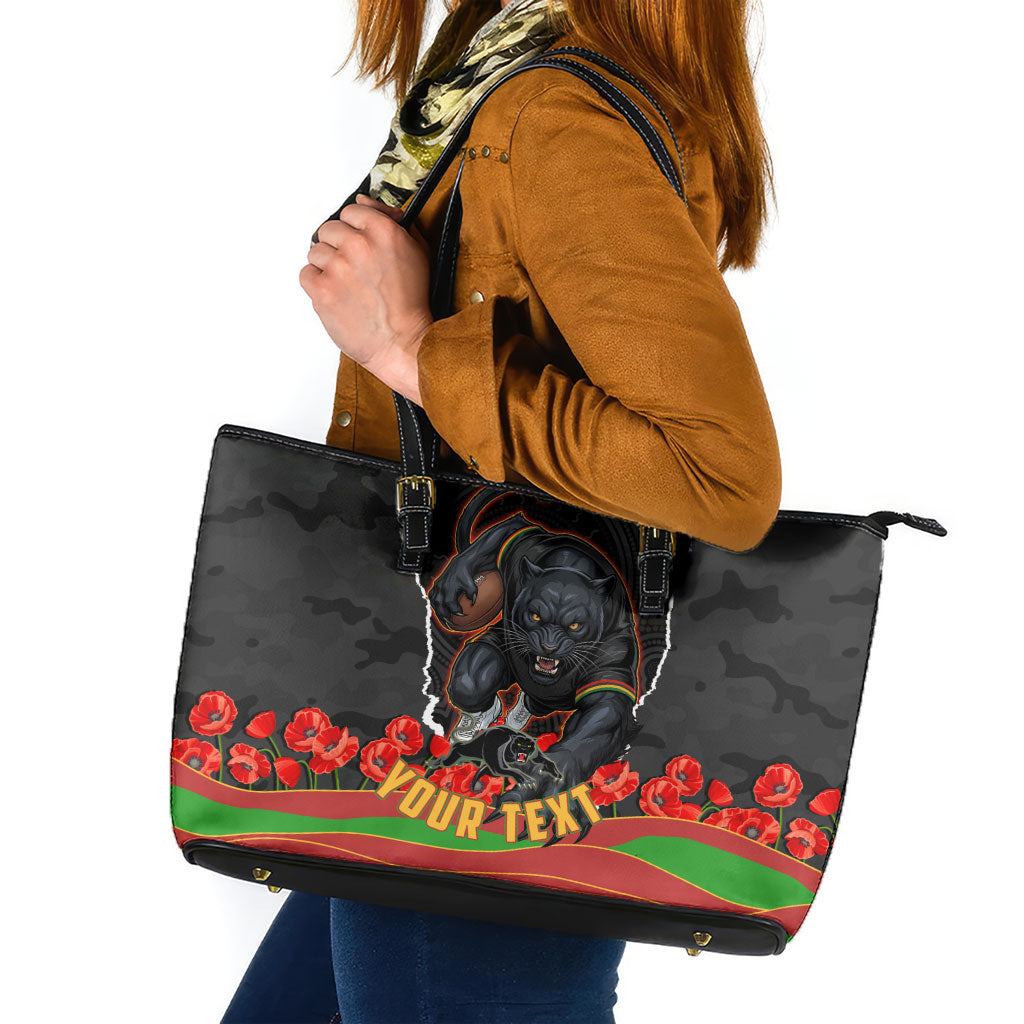 Personalized Penrith Panthers ANZAC Tribute Leather Tote Bag Poppy Field Soldier Silhouette Aboriginal Rugby Mascot