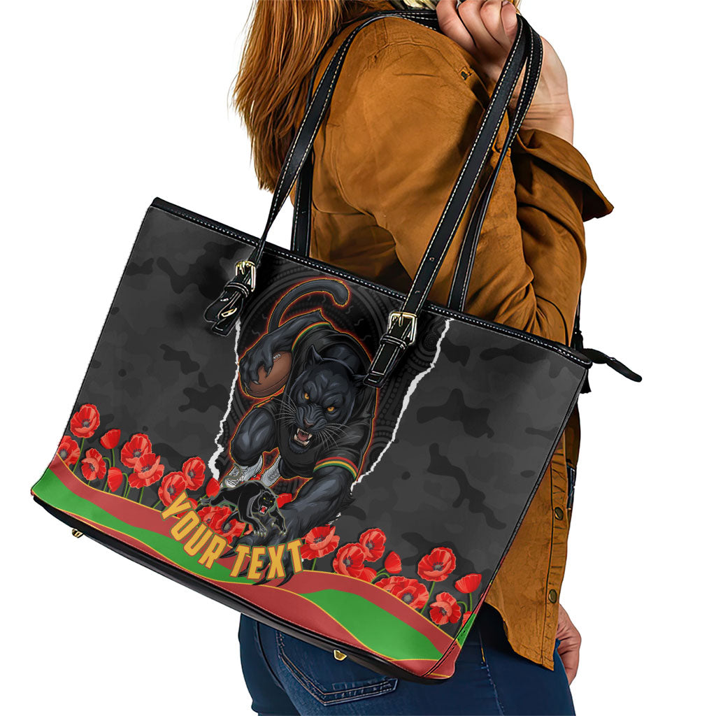 Personalized Penrith Panthers ANZAC Tribute Leather Tote Bag Poppy Field Soldier Silhouette Aboriginal Rugby Mascot