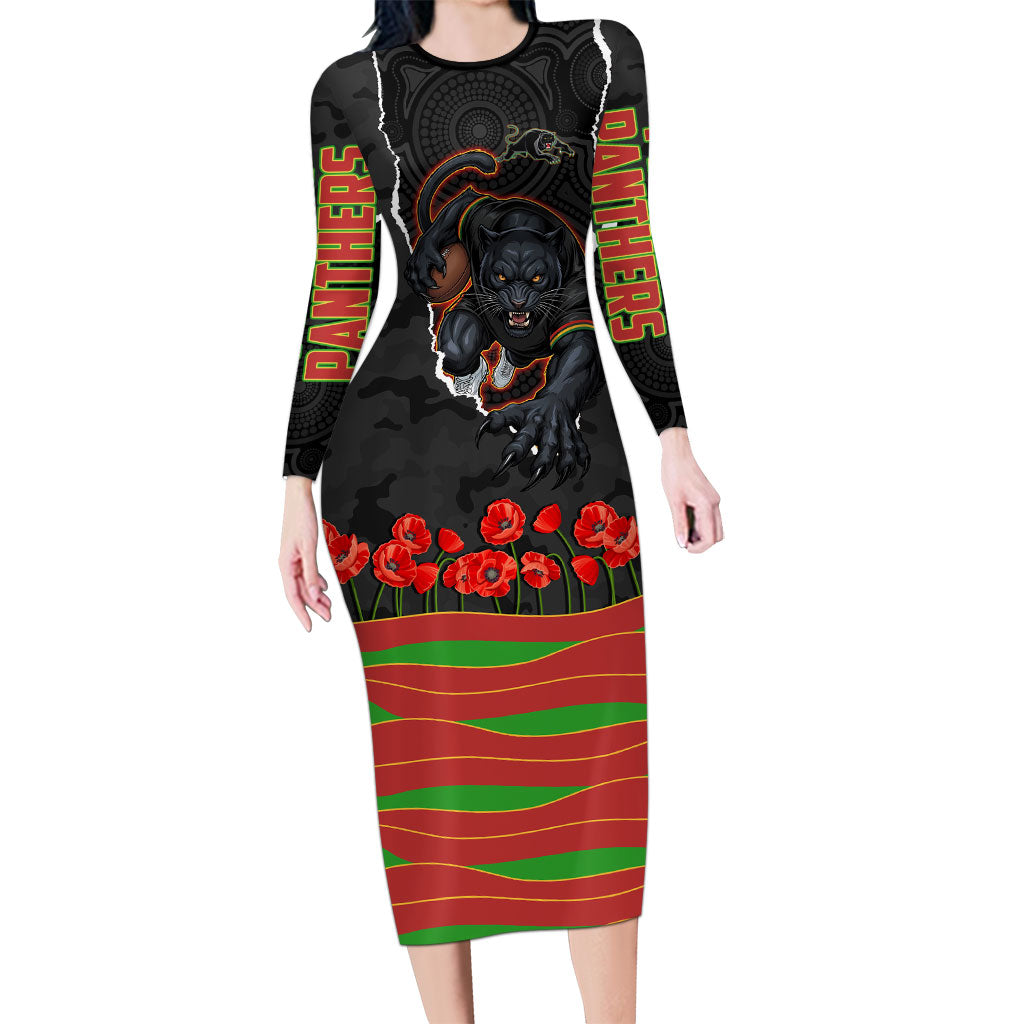 Personalized Penrith Panthers ANZAC Tribute Long Sleeve Bodycon Dress Poppy Field Soldier Silhouette Aboriginal Rugby Mascot
