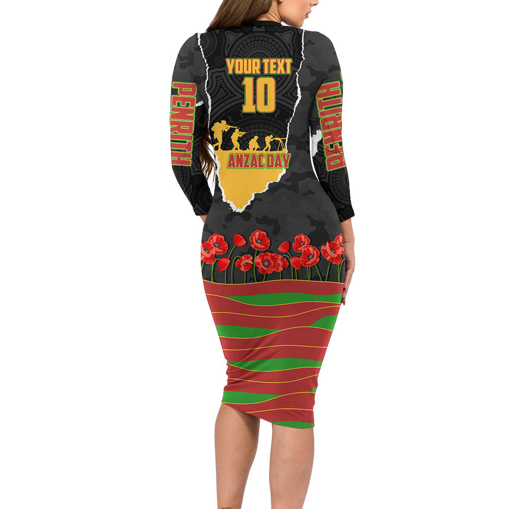 Personalized Penrith Panthers ANZAC Tribute Long Sleeve Bodycon Dress Poppy Field Soldier Silhouette Aboriginal Rugby Mascot