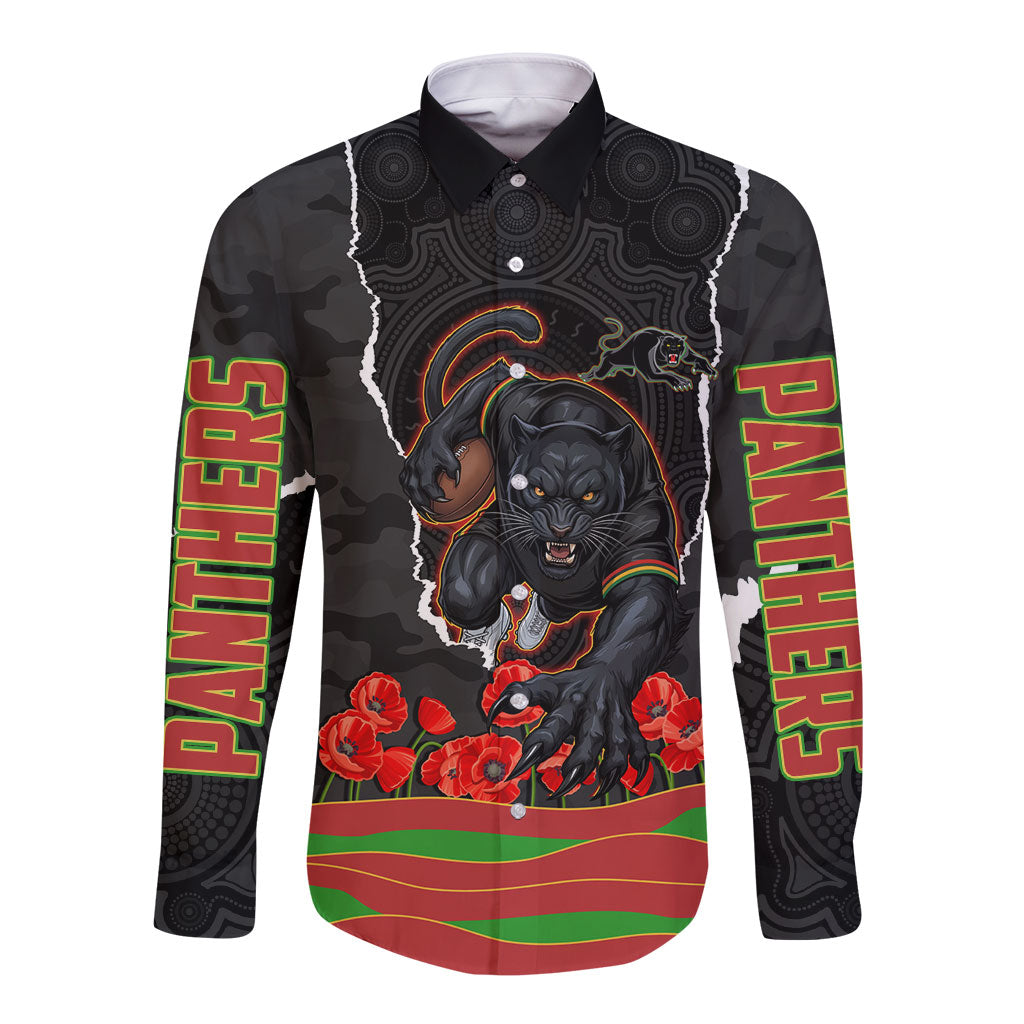 Personalized Penrith Panthers ANZAC Tribute Long Sleeve Button Shirt Poppy Field Soldier Silhouette Aboriginal Rugby Mascot