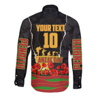 Personalized Penrith Panthers ANZAC Tribute Long Sleeve Button Shirt Poppy Field Soldier Silhouette Aboriginal Rugby Mascot