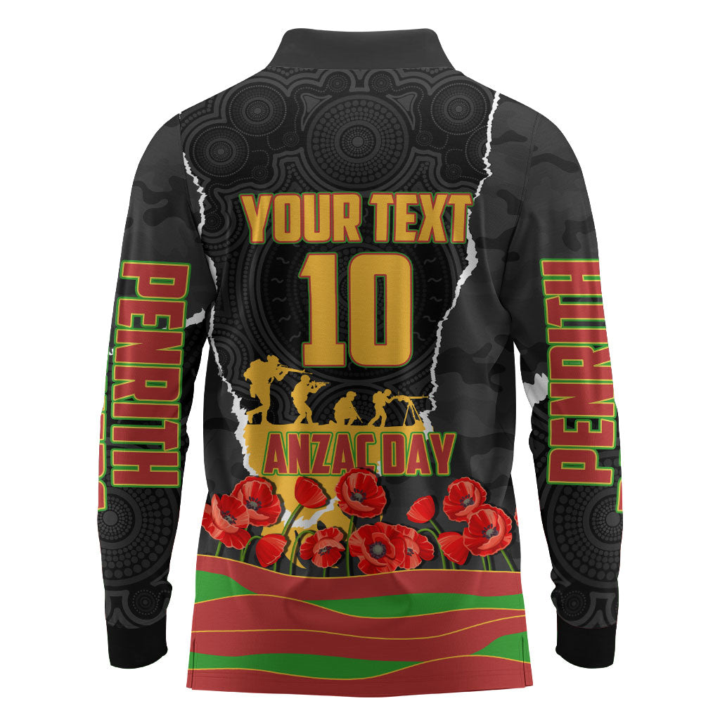 Personalized Penrith Panthers ANZAC Tribute Long Sleeve Polo Shirt Poppy Field Soldier Silhouette Aboriginal Rugby Mascot