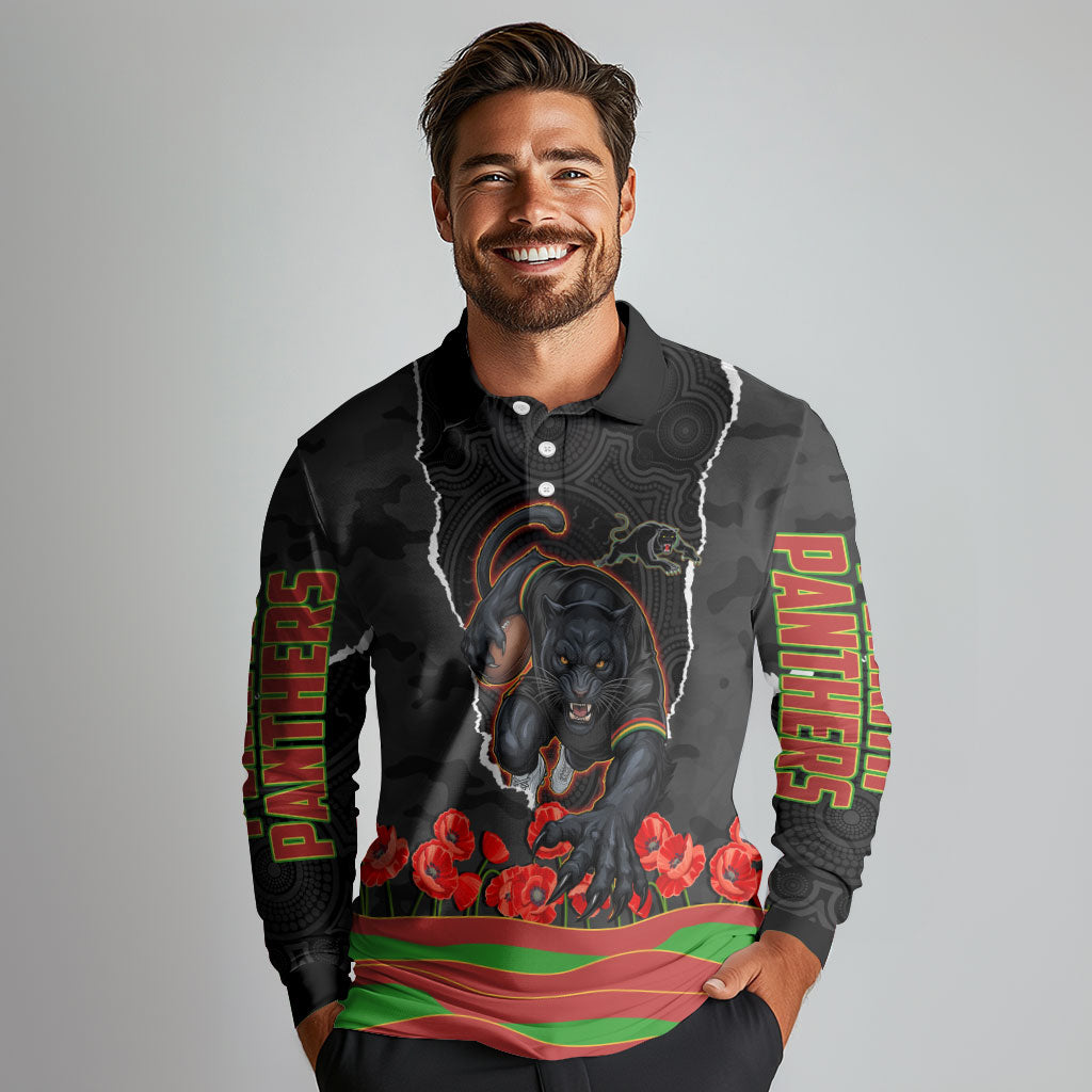 Personalized Penrith Panthers ANZAC Tribute Long Sleeve Polo Shirt Poppy Field Soldier Silhouette Aboriginal Rugby Mascot