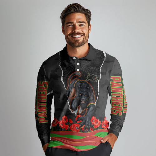 Personalized Penrith Panthers ANZAC Tribute Long Sleeve Polo Shirt Poppy Field Soldier Silhouette Aboriginal Rugby Mascot
