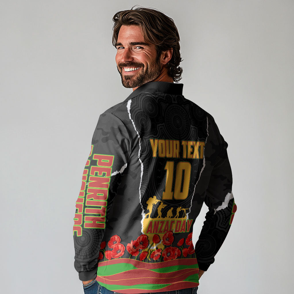 Personalized Penrith Panthers ANZAC Tribute Long Sleeve Polo Shirt Poppy Field Soldier Silhouette Aboriginal Rugby Mascot
