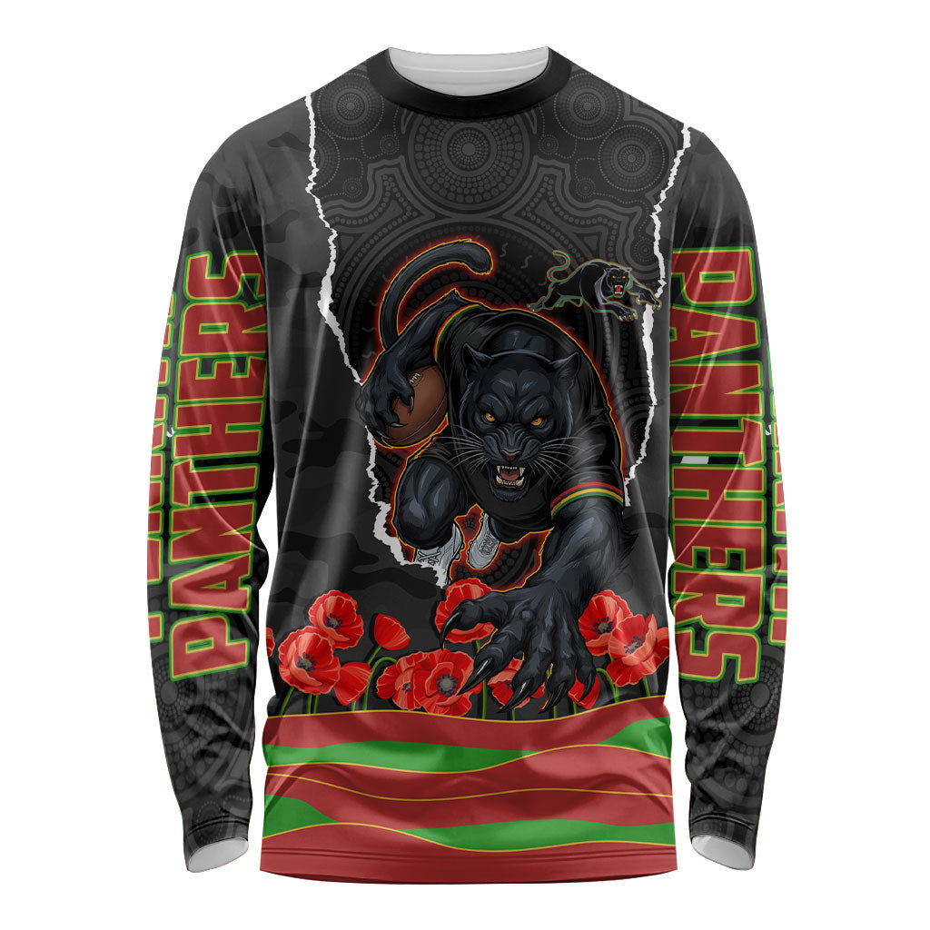 Personalized Penrith Panthers ANZAC Tribute Long Sleeve Shirt Poppy Field Soldier Silhouette Aboriginal Rugby Mascot