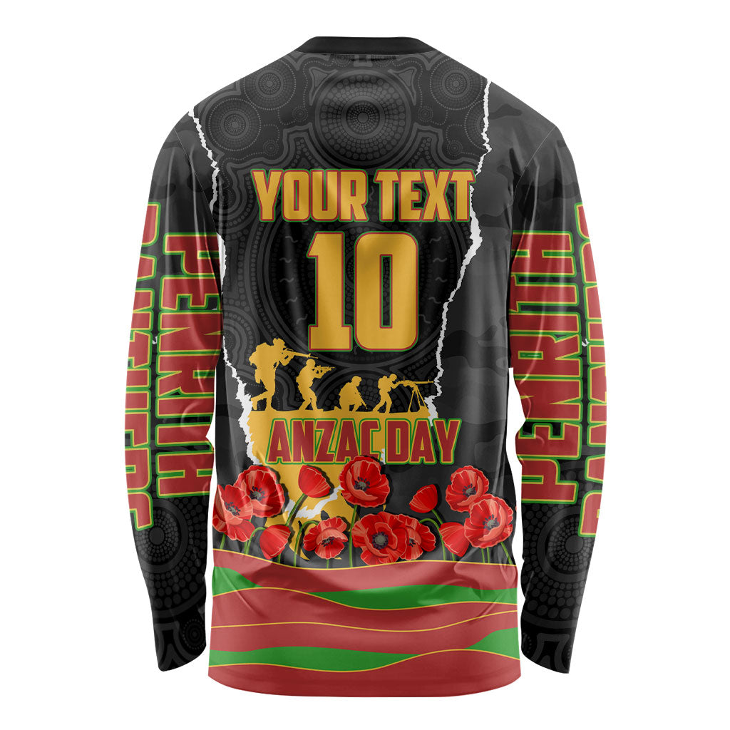 Personalized Penrith Panthers ANZAC Tribute Long Sleeve Shirt Poppy Field Soldier Silhouette Aboriginal Rugby Mascot