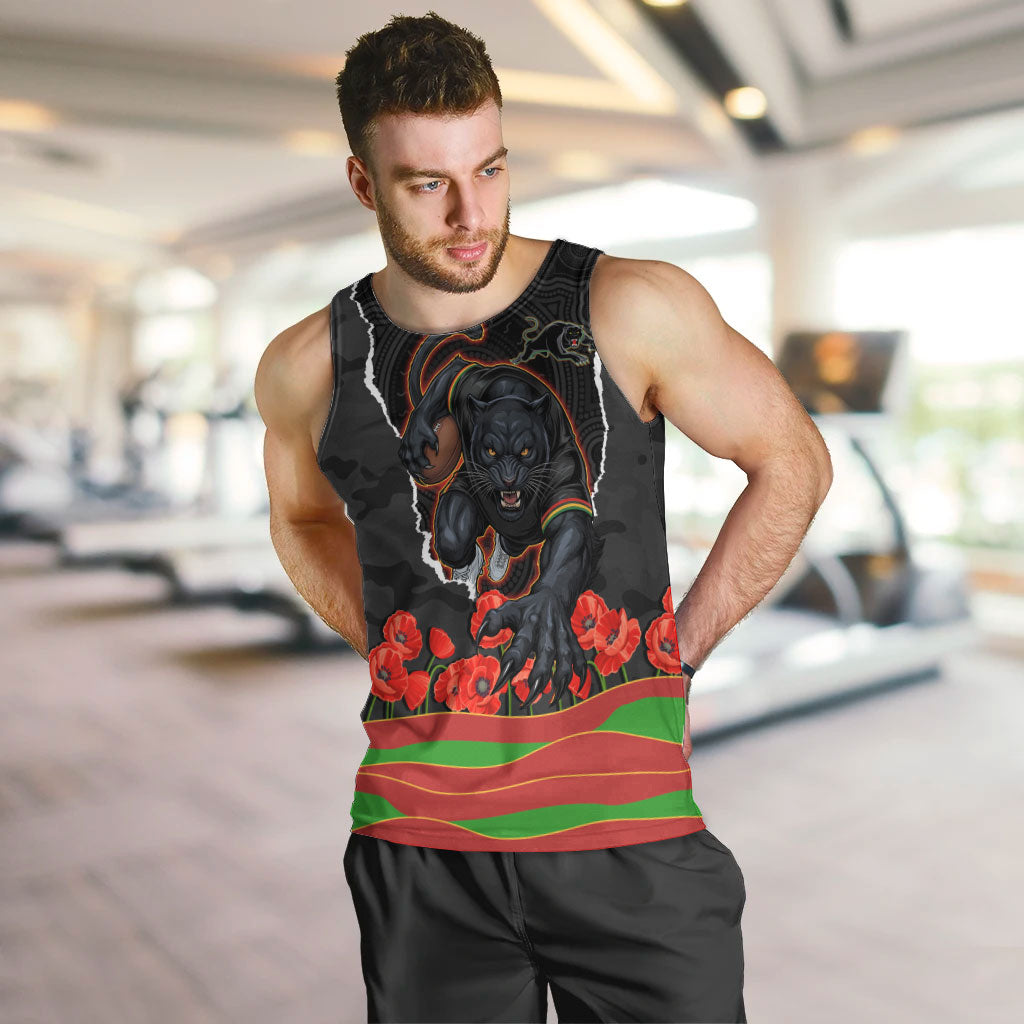 Personalized Penrith Panthers ANZAC Tribute Men Tank Top Poppy Field Soldier Silhouette Aboriginal Rugby Mascot