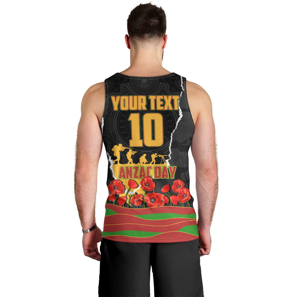 Personalized Penrith Panthers ANZAC Tribute Men Tank Top Poppy Field Soldier Silhouette Aboriginal Rugby Mascot