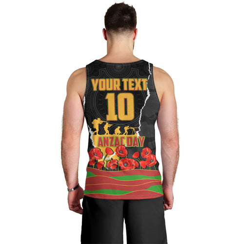 Personalized Penrith Panthers ANZAC Tribute Men Tank Top Poppy Field Soldier Silhouette Aboriginal Rugby Mascot