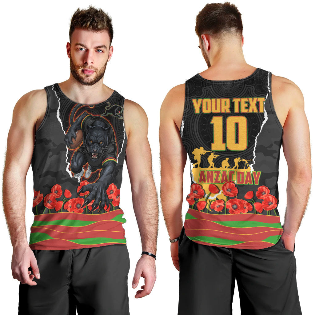 Personalized Penrith Panthers ANZAC Tribute Men Tank Top Poppy Field Soldier Silhouette Aboriginal Rugby Mascot