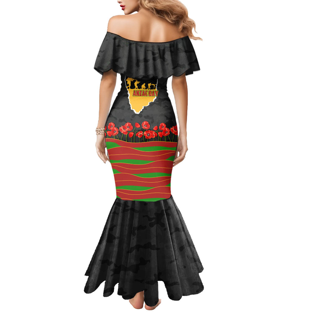 Personalized Penrith Panthers ANZAC Tribute Mermaid Dress Poppy Field Soldier Silhouette Aboriginal Rugby Mascot