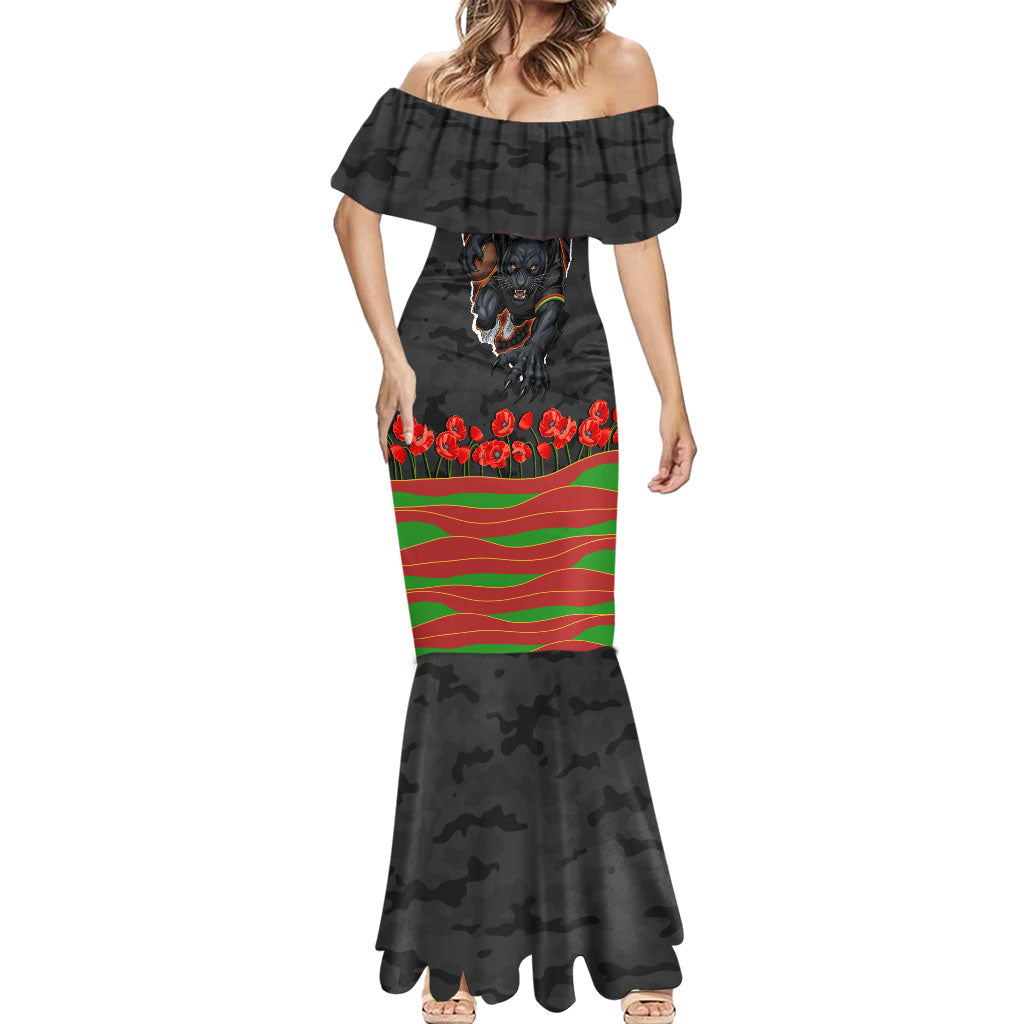 Personalized Penrith Panthers ANZAC Tribute Mermaid Dress Poppy Field Soldier Silhouette Aboriginal Rugby Mascot