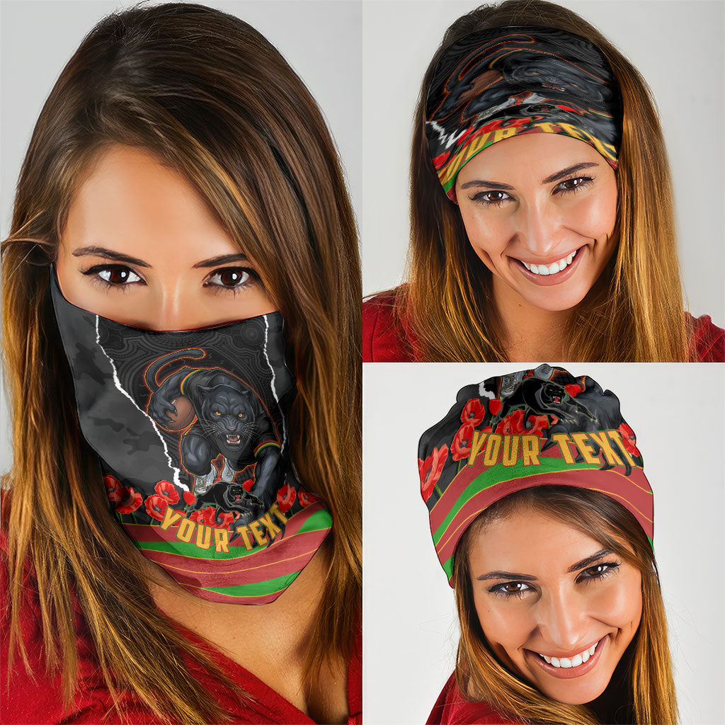 Personalized Penrith Panthers ANZAC Tribute Neck Gaiter Poppy Field Soldier Silhouette Aboriginal Rugby Mascot