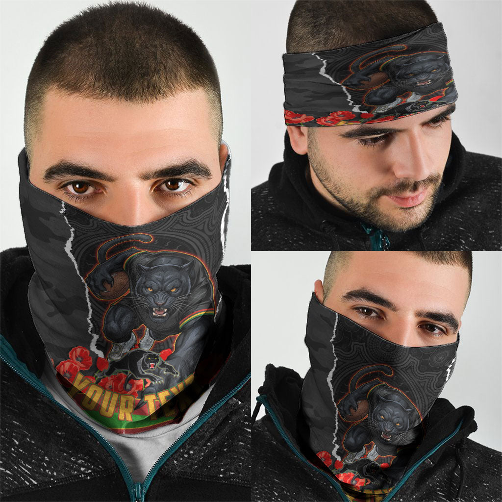 Personalized Penrith Panthers ANZAC Tribute Neck Gaiter Poppy Field Soldier Silhouette Aboriginal Rugby Mascot