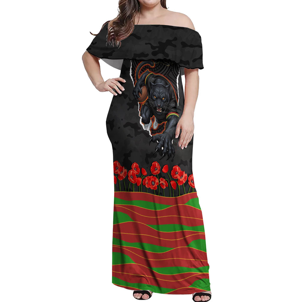 Personalized Penrith Panthers ANZAC Tribute Off Shoulder Maxi Dress Poppy Field Soldier Silhouette Aboriginal Rugby Mascot