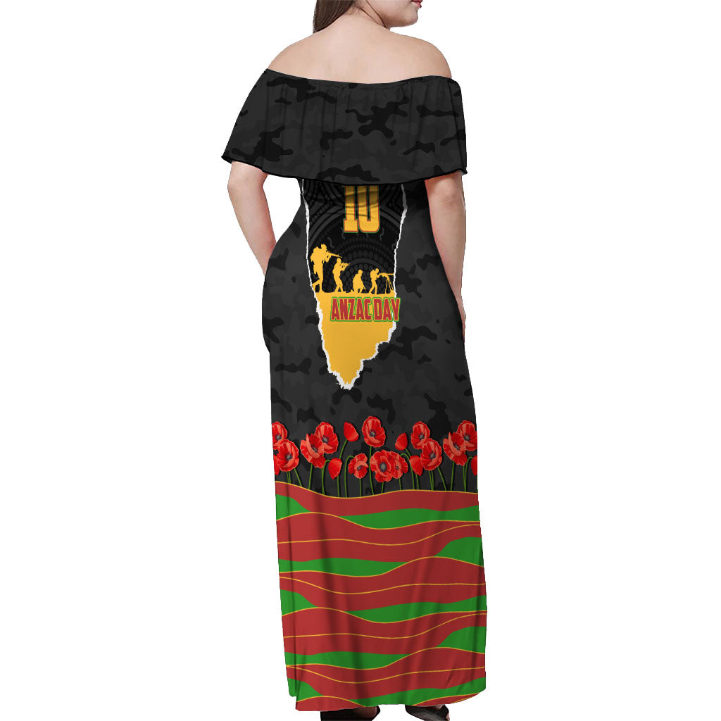 Personalized Penrith Panthers ANZAC Tribute Off Shoulder Maxi Dress Poppy Field Soldier Silhouette Aboriginal Rugby Mascot