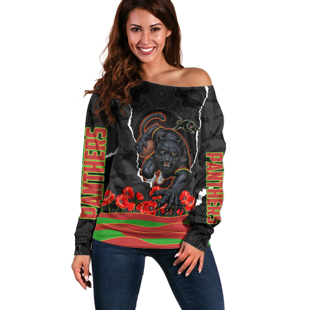 Personalized Penrith Panthers ANZAC Tribute Off Shoulder Sweater Poppy Field Soldier Silhouette Aboriginal Rugby Mascot