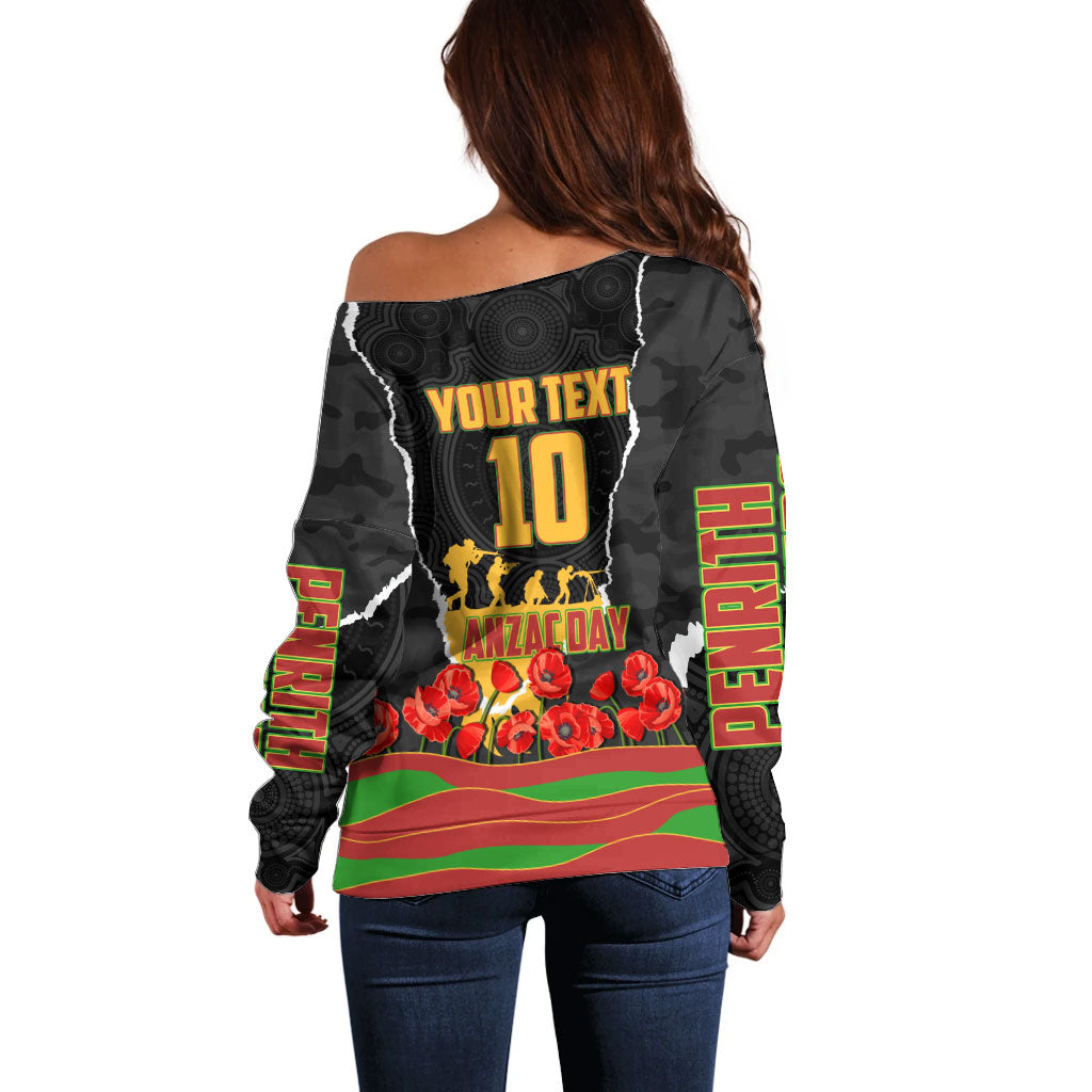 Personalized Penrith Panthers ANZAC Tribute Off Shoulder Sweater Poppy Field Soldier Silhouette Aboriginal Rugby Mascot