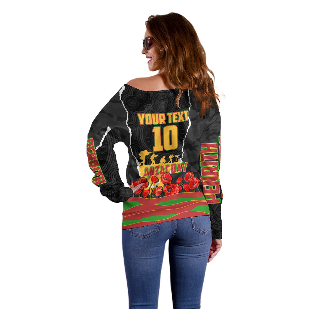 Personalized Penrith Panthers ANZAC Tribute Off Shoulder Sweater Poppy Field Soldier Silhouette Aboriginal Rugby Mascot