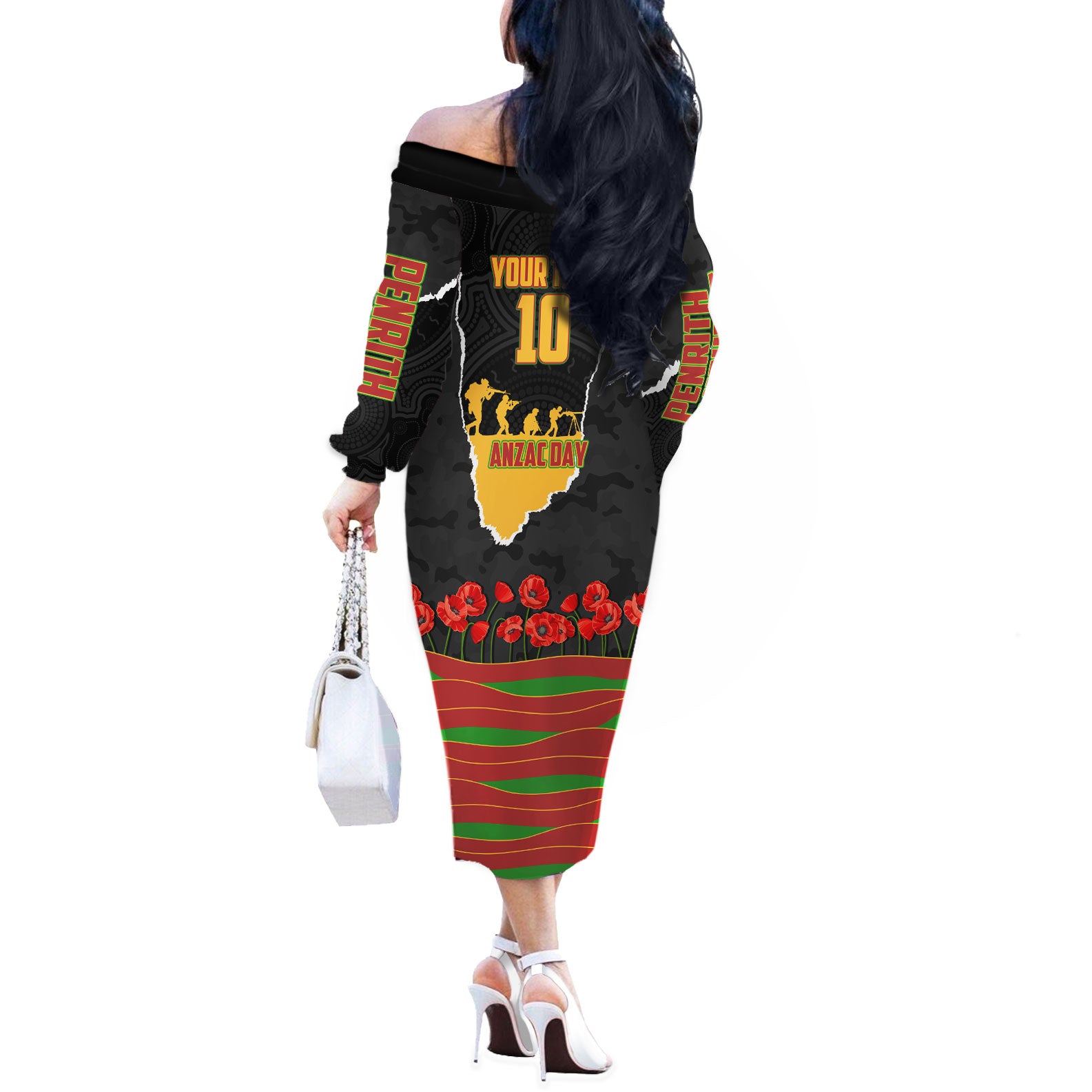 Personalized Penrith Panthers ANZAC Tribute Off The Shoulder Long Sleeve Dress Poppy Field Soldier Silhouette Aboriginal Rugby Mascot