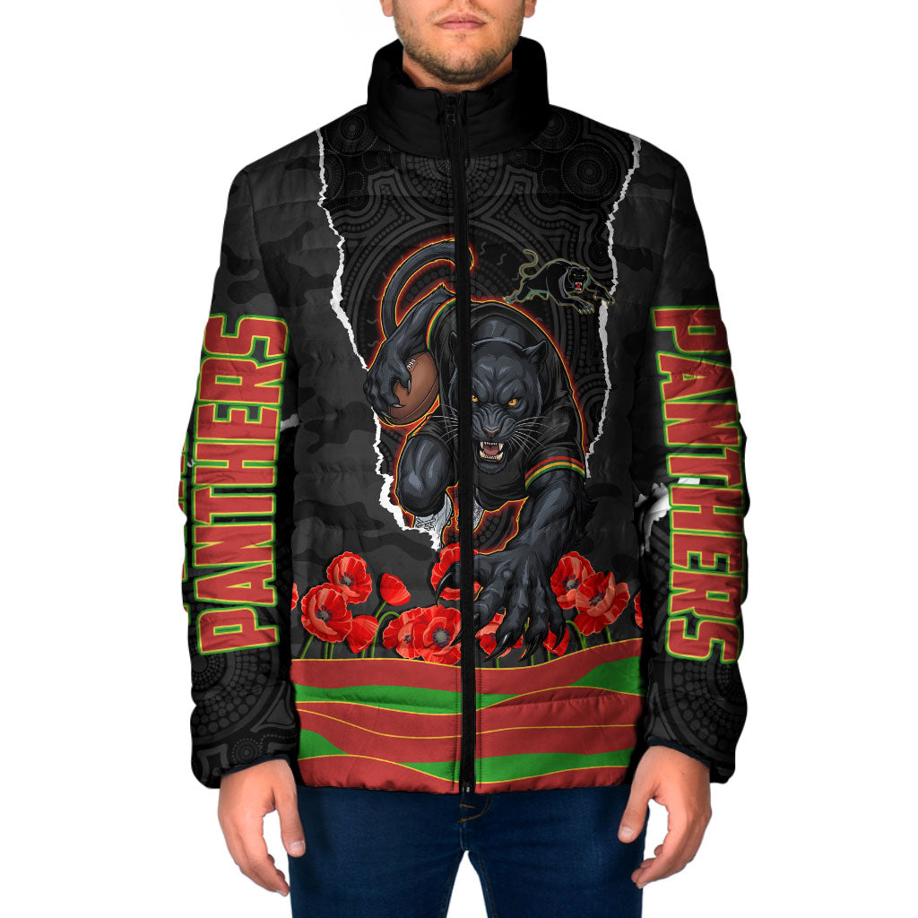 Personalized Penrith Panthers ANZAC Tribute Padded Jacket Poppy Field Soldier Silhouette Aboriginal Rugby Mascot