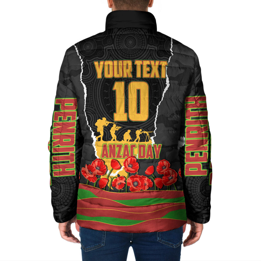 Personalized Penrith Panthers ANZAC Tribute Padded Jacket Poppy Field Soldier Silhouette Aboriginal Rugby Mascot