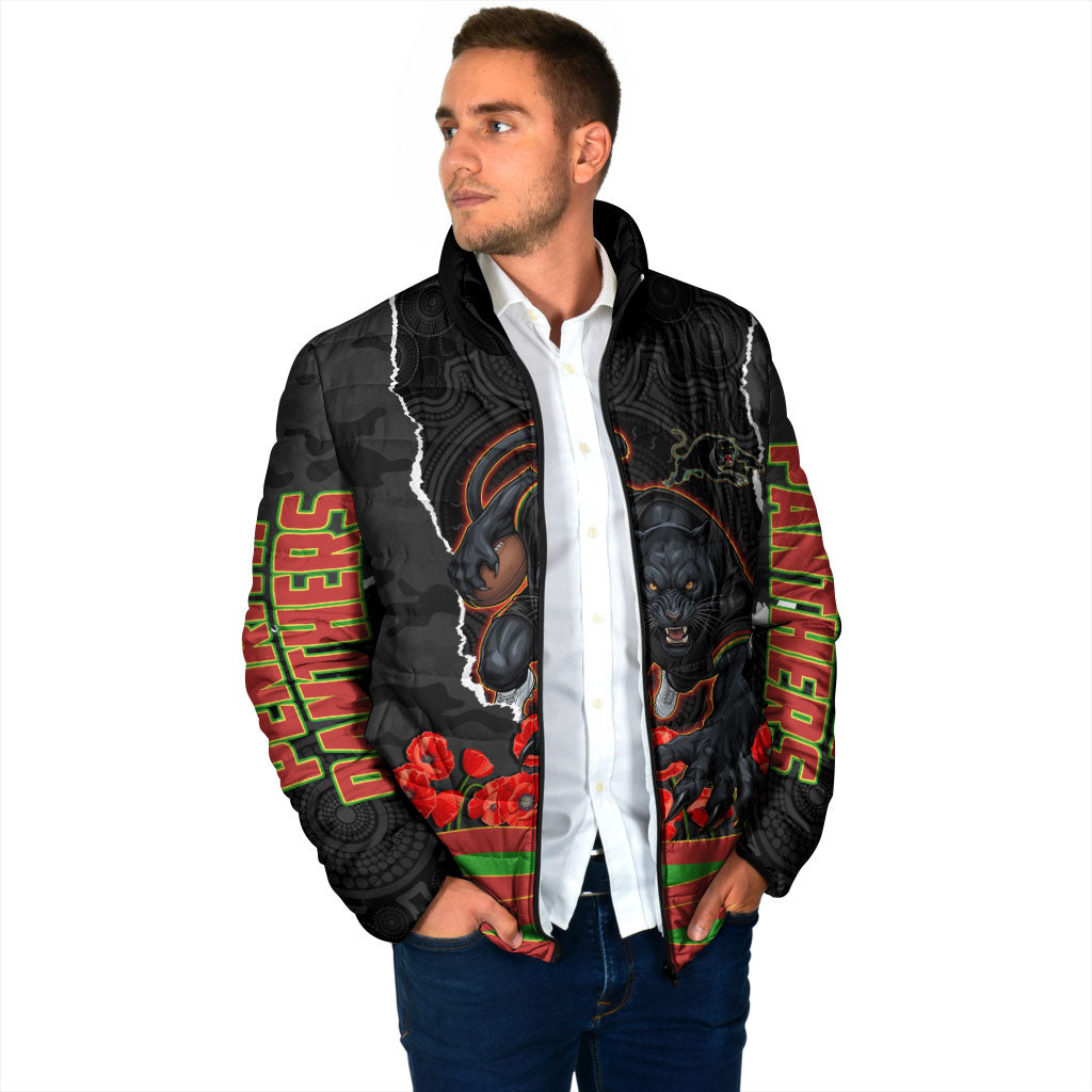 Personalized Penrith Panthers ANZAC Tribute Padded Jacket Poppy Field Soldier Silhouette Aboriginal Rugby Mascot