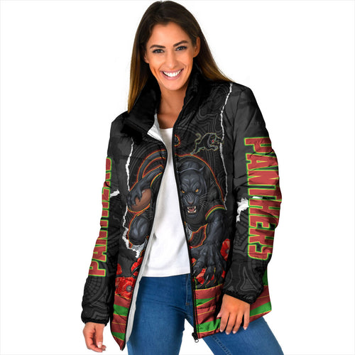 Personalized Penrith Panthers ANZAC Tribute Padded Jacket Poppy Field Soldier Silhouette Aboriginal Rugby Mascot