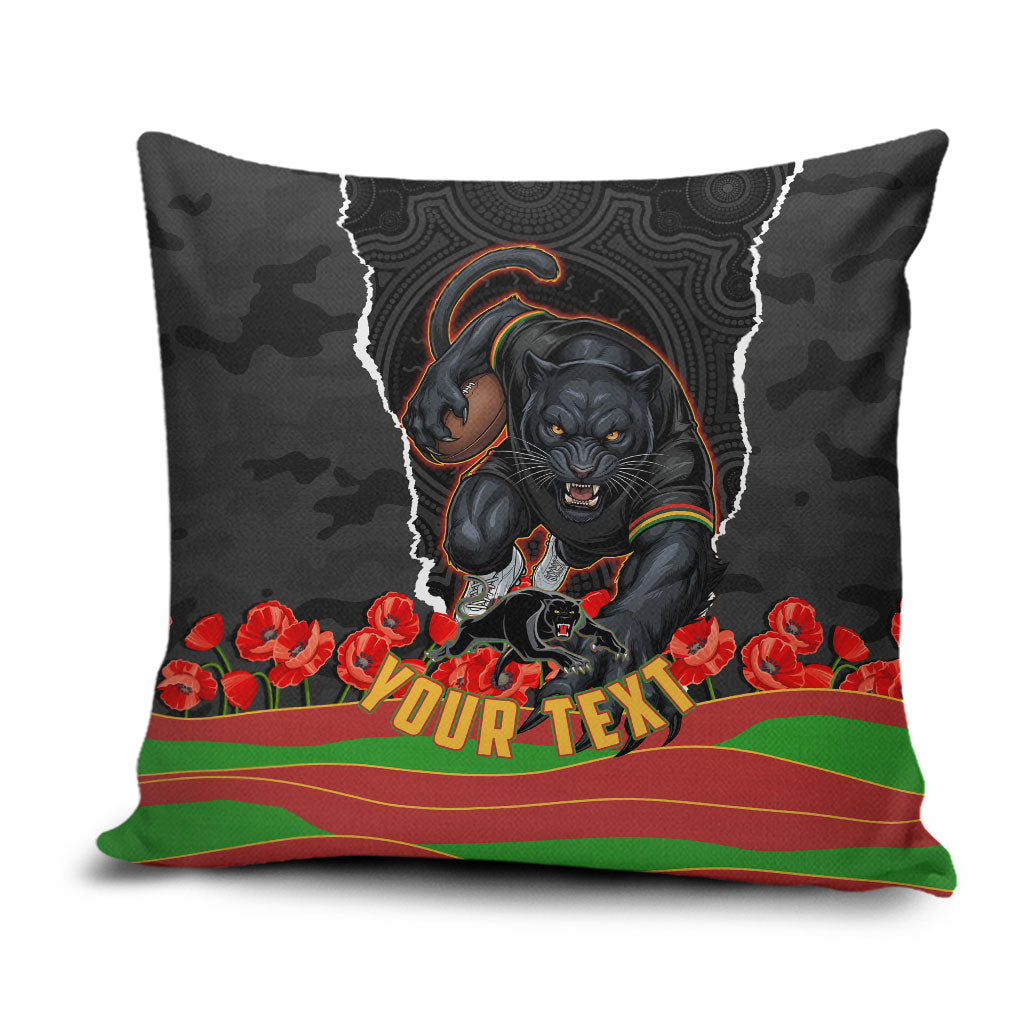 Personalized Penrith Panthers ANZAC Tribute Pillow Cover Poppy Field Soldier Silhouette Aboriginal Rugby Mascot