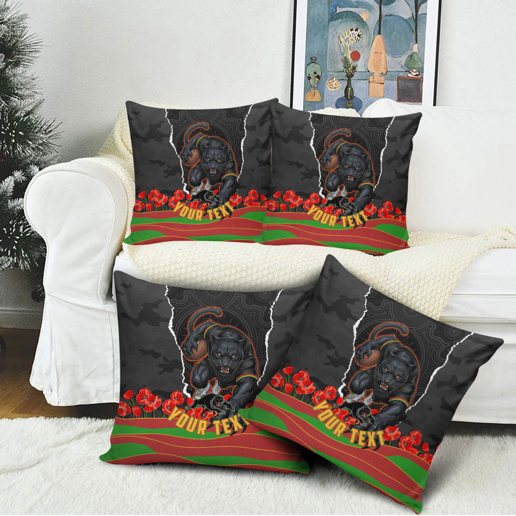 Personalized Penrith Panthers ANZAC Tribute Pillow Cover Poppy Field Soldier Silhouette Aboriginal Rugby Mascot