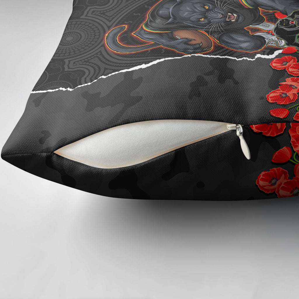 Personalized Penrith Panthers ANZAC Tribute Pillow Cover Poppy Field Soldier Silhouette Aboriginal Rugby Mascot