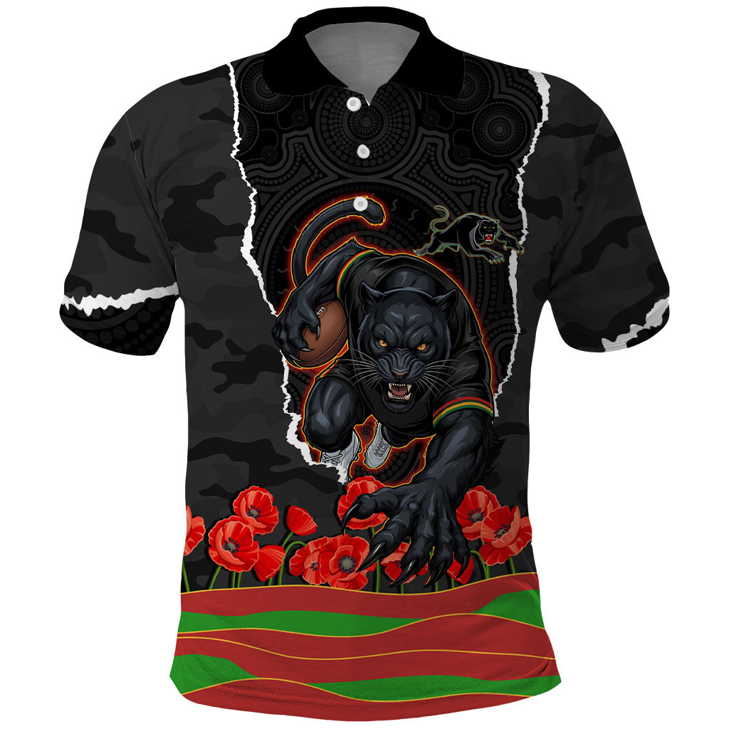 Personalized Penrith Panthers ANZAC Tribute Polo Shirt Poppy Field Soldier Silhouette Aboriginal Rugby Mascot