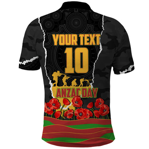 Personalized Penrith Panthers ANZAC Tribute Polo Shirt Poppy Field Soldier Silhouette Aboriginal Rugby Mascot