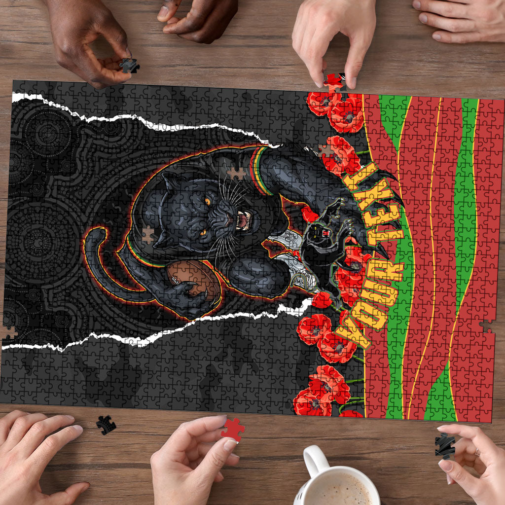 Personalized Penrith Panthers ANZAC Tribute Puzzle Poppy Field Soldier Silhouette Aboriginal Rugby Mascot