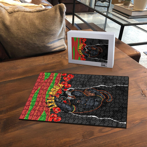 Personalized Penrith Panthers ANZAC Tribute Puzzle Poppy Field Soldier Silhouette Aboriginal Rugby Mascot