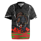 Personalized Penrith Panthers ANZAC Tribute Rugby Jersey Poppy Field Soldier Silhouette Aboriginal Rugby Mascot